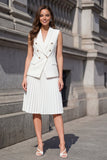 White Shawl Lapel Pleated 2 Piece A Line Midi Work Dress