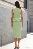 Light Green Ruffled 2 Piece Bodycon Midi Work Dress