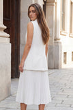 2 Piece White Notched Lapel Pleated A Line Sleeveless Midi Work Dress