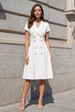 White Notched Lapel Short Sleeve A Line Midi Work Dress