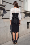 Black and White 3/4 Sleeve Lace Bodycon Formal Dress with Bow