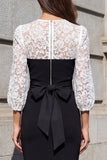 Black and White 3/4 Sleeve Lace Bodycon Formal Dress with Bow