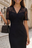 Black Lace Bodycon Short Sleeve V Neck Work Dress