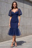Navy Mermaid Short Sleeve V Neck Formal Dress