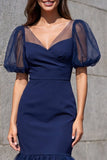 Navy Mermaid Short Sleeve V Neck Formal Dress