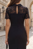 Black Lace Short Sleeve Bodycon Work Dress with Slit