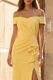 Off the Shoulder Yellow Ruffled Midi Cocktail Dress