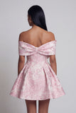 Pink Floral Off the Shoulder A Line Mini Wedding Guest Dress