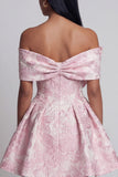 Pink Floral Off the Shoulder A Line Mini Wedding Guest Dress