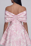 Off the Shoulder Bowed Pink Floral A Line Mini Wedding Guest Dress