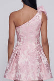 Bowed One Shoulder Pink Floral A Line Mini Wedding Guest Dress
