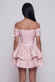 Tiered Bowed Off the Shoulder Pink Floral Mini Wedding Guest Dress