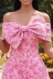 Floral Fuchsia Off the Shoulder A Line Mini Homecoming Dress with Bow