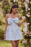 Bowed Blue Floral Strapless Mini Wedding Guest Dress