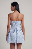 Bowed Blue Floral Strapless Mini Wedding Guest Dress