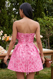 Floral Strapless Fuchsia A Line Mini Homecoming Dress with Bow