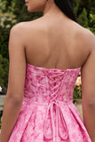 Strapless Bowed Floral A Line Fuchsia Mini Homecoming Dress
