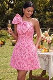 One Shoulder Floral A Line Fuchsia Mini Homecoming Dress with Bow