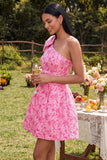 One Shoulder Floral A Line Fuchsia Mini Homecoming Dress with Bow