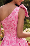 One Shoulder Floral A Line Fuchsia Mini Homecoming Dress with Bow