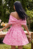 Fuchsia Off the Shoulder Pleated Floral A Line Mini Homecoming Dress