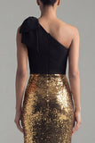 Sequin One Shoulder Bowed Mermaid Black and Gold Formal Dress