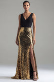 Sparkly Colorblock Mermaid Black and Gold Formal Dress