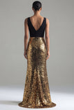Sparkly Colorblock Mermaid Black and Gold Formal Dress