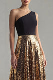 One Shoulder Sequin Colorblock A Line Black and Gold Formal Dress