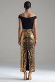Off the Shoulder Sequin Colorblock Black and Gold Evening Dress