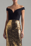 Off the Shoulder Sequin Colorblock Black and Gold Evening Dress