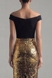Off the Shoulder Sequin Colorblock Black and Gold Evening Dress
