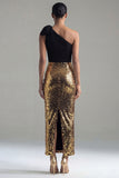One Shoulder Bowed Sequin Colorblock Black and Gold Formal Dress