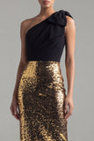 One Shoulder Bowed Sequin Colorblock Black and Gold Formal Dress