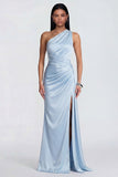 Sky Blue One Shoulder Mermaid Formal Dress with Side Streamer