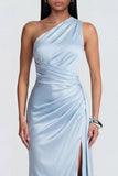 Sky Blue One Shoulder Mermaid Formal Dress with Side Streamer