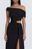 Black Cut Out One Shoulder Formal Dress with side streamer