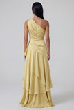 Yellow Tiered One Shoulder Ruffled Formal Dress with Slit