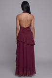 High Neck Burgundy Cut Out Ruffled Formal Dress