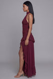 High Neck Burgundy Cut Out Ruffled Formal Dress