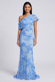Yellow One Shoulder Floral Mermaid Long Wedding Guest Dress