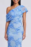 Yellow One Shoulder Floral Mermaid Long Wedding Guest Dress