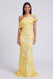 Yellow One Shoulder Floral Mermaid Long Wedding Guest Dress