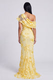 Yellow One Shoulder Floral Mermaid Long Wedding Guest Dress