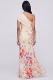 Champagne One Shoulder Floral Mermaid Wedding Guest Dress with Slit