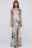 Champagne One Shoulder Floral Mermaid Wedding Guest Dress with Slit