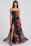 Ivory Floral Strapless Ruched Long Wedding Guest Dress with Slit