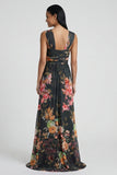 Black A Line Floral Long Wedding Guest Dress with Slit