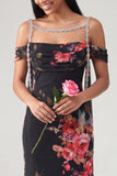 Sheath Black Cold Shoulder Floral Wedding Guest Dress with Sash