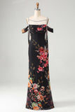 Sheath Black Cold Shoulder Floral Wedding Guest Dress with Sash